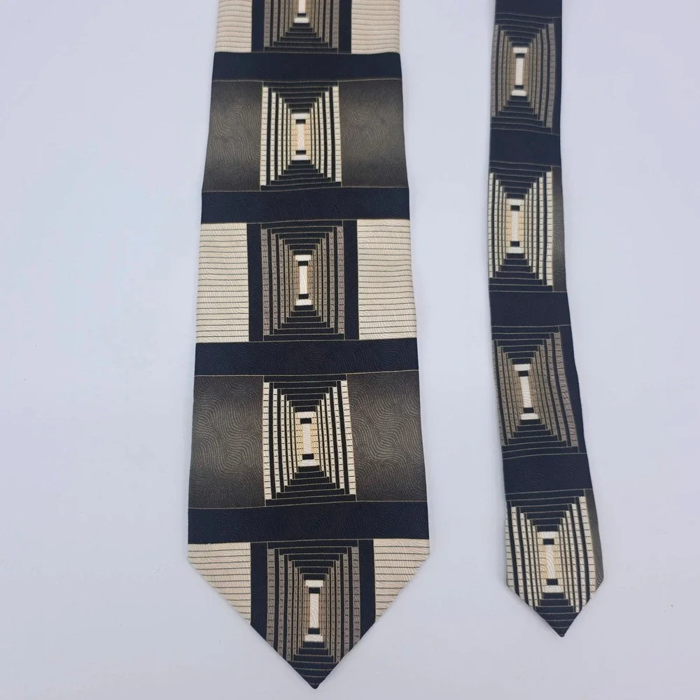 Duomo Milano‎ Mens Silk Tie Black Grey Cream Geometric Architectural Handmade 4
